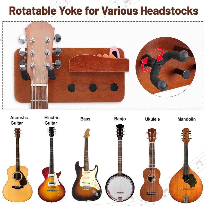 Outink Guitar Wall Mount Shelf with Pick Holder, Walnut Wood Guitar Hanger Rack with Rotatable Yoke and 3 Storage Hooks for Acoustic, Electric, Bass, Ukulele - Image 5